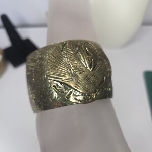 vtg wide brass carved cuff bracelet dove medallion indian ethnic 1.5in artist